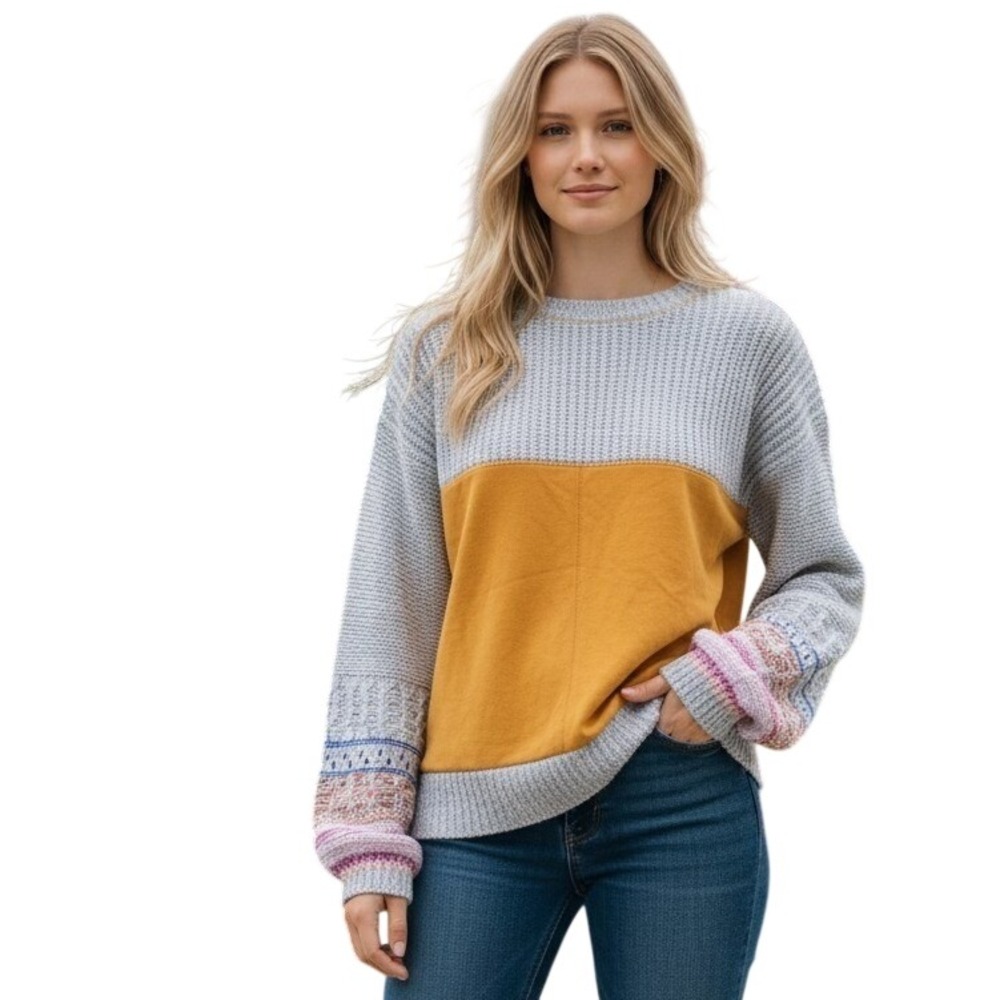 Easel Womens Pullover Sweater Orange Large Mixed Media Boho Knit‎ Balloon Sleeve